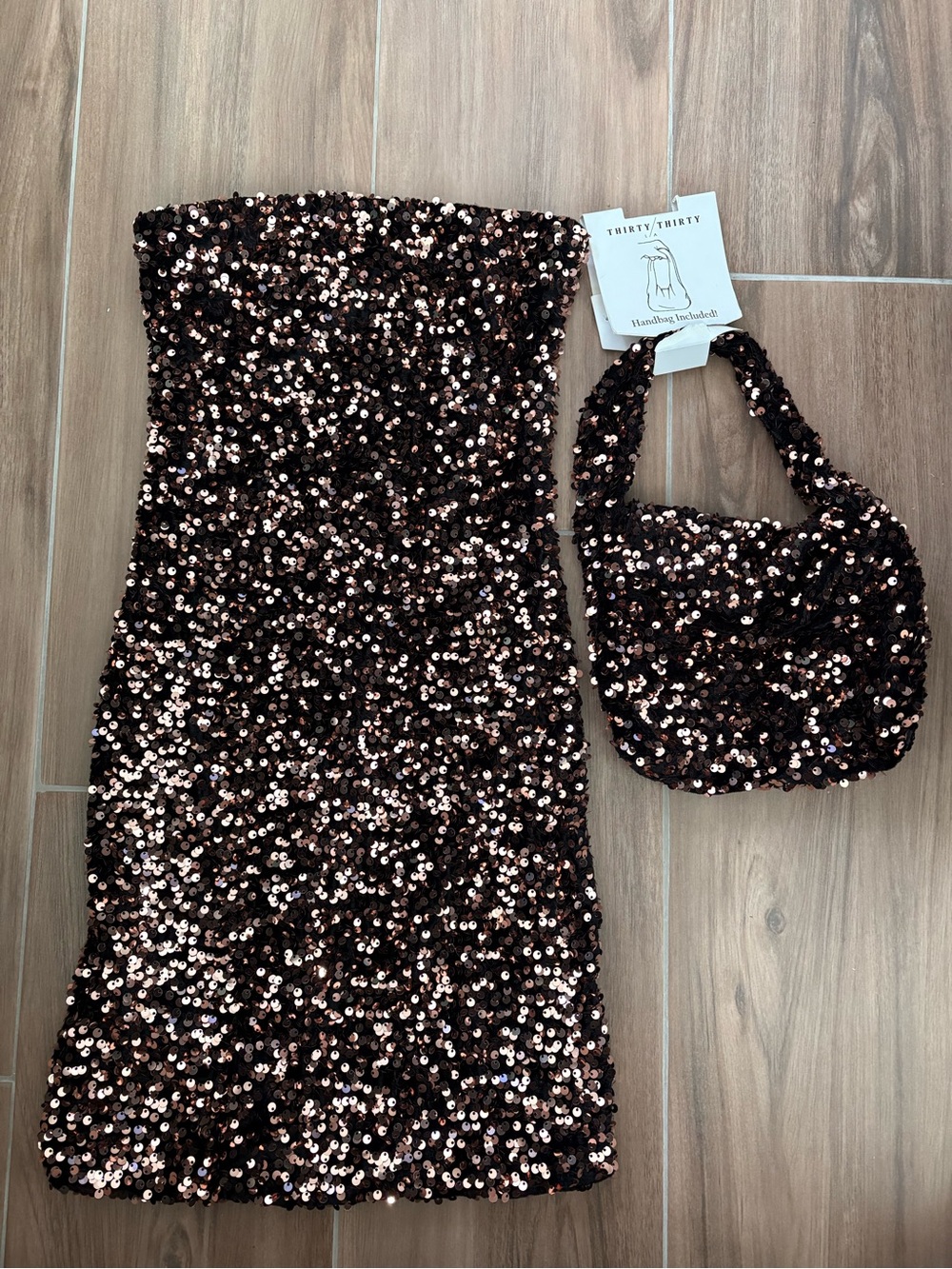 Thirty Thirty Sequin Strapless Dress with Matching Sequin Bag Gold/Black Size XS